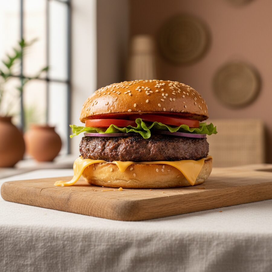 Burger gourmet — pain brioché, bœuf, cheddar, tomate, salade