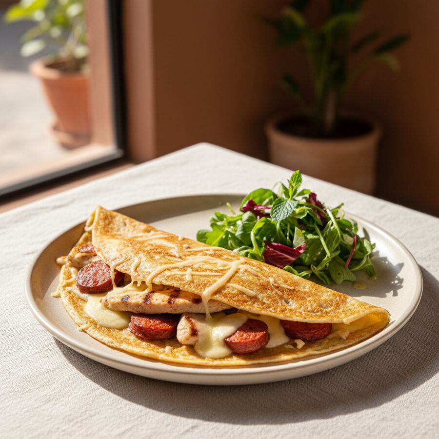 Crêpe Chocolathé salée — poulet, merguez, fromage fondu