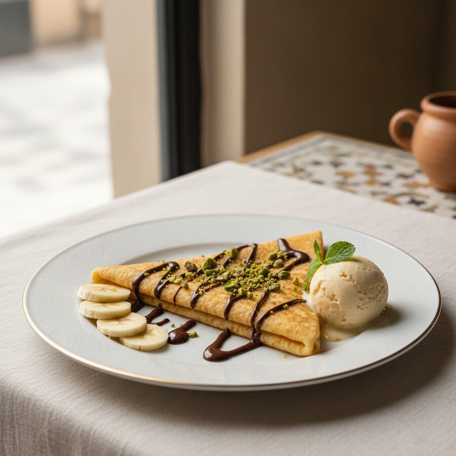Crêpe Chocolathé sucrée — chocolat, pistache, banane, glace vanille
